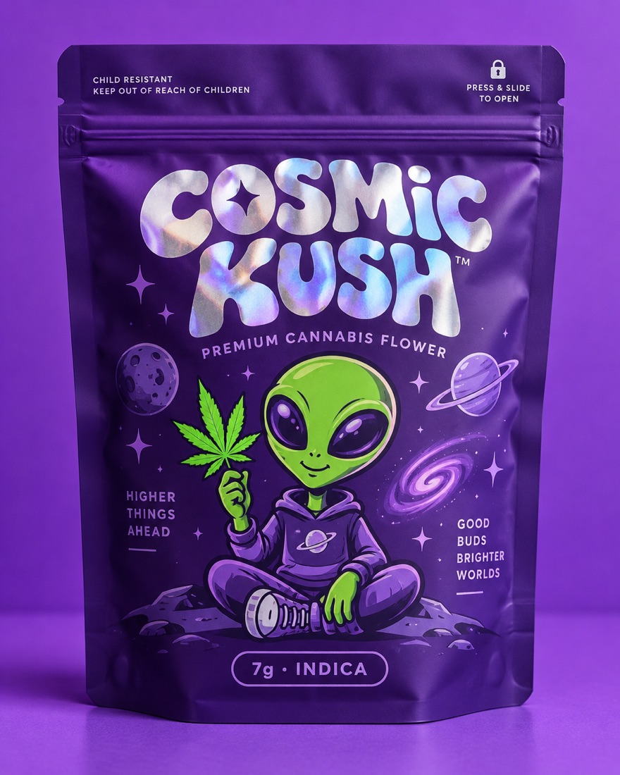 Cosmic Kush purple cannabis bag
