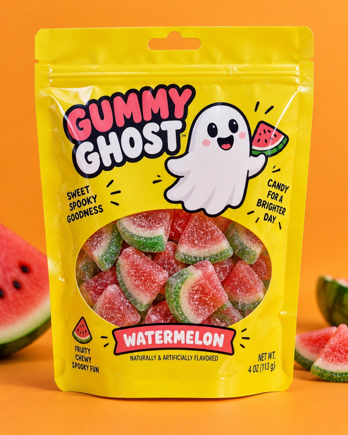 Gummy Ghost candy bag with a clear window