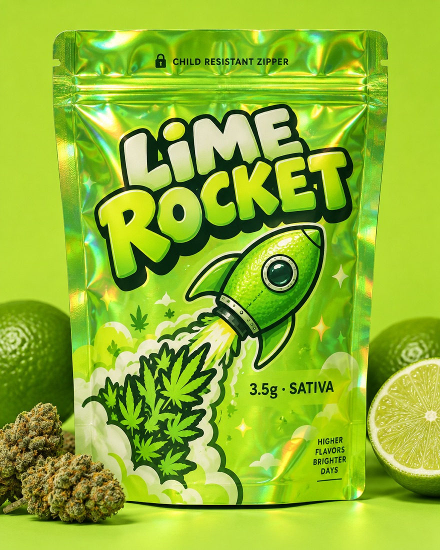 Lime Rocket holographic cannabis flower bag